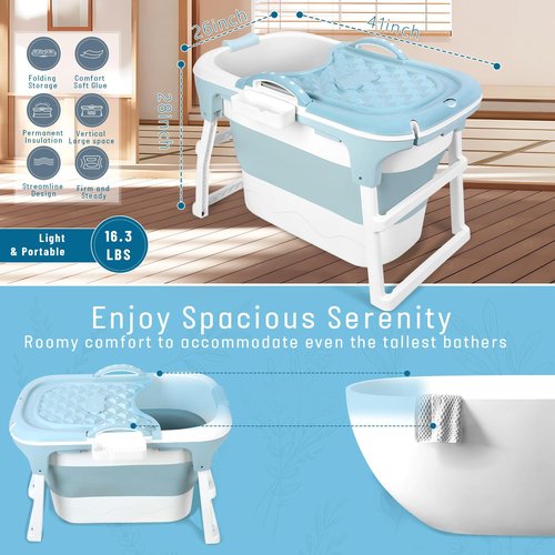 Portable Bathtub for Adult - 41" No Installation Effortless Foldable Bathtub for Bathroom, Collapsible Bathtub with Ergonomic Seat & Massage Roller, Freestanding bathtubs for Adults Blue