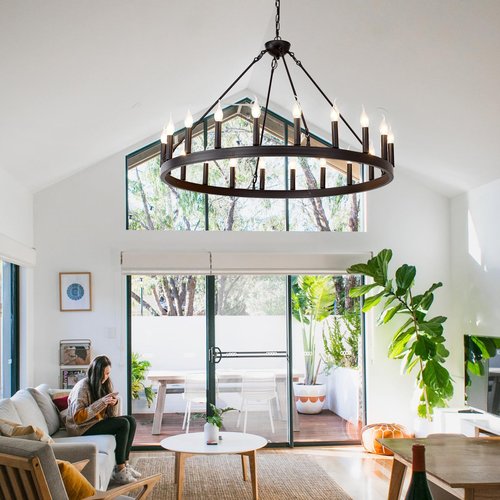 ZBMYRBZJ Black Wagon Wheel Chandelier 40 inch,20-Light Farmhouse Wagon Wheel Chandeliers Round Industrial Ceiling Light fixtures for Outdoor Porch high Ceilings Living Dining Room Foyer Entryway