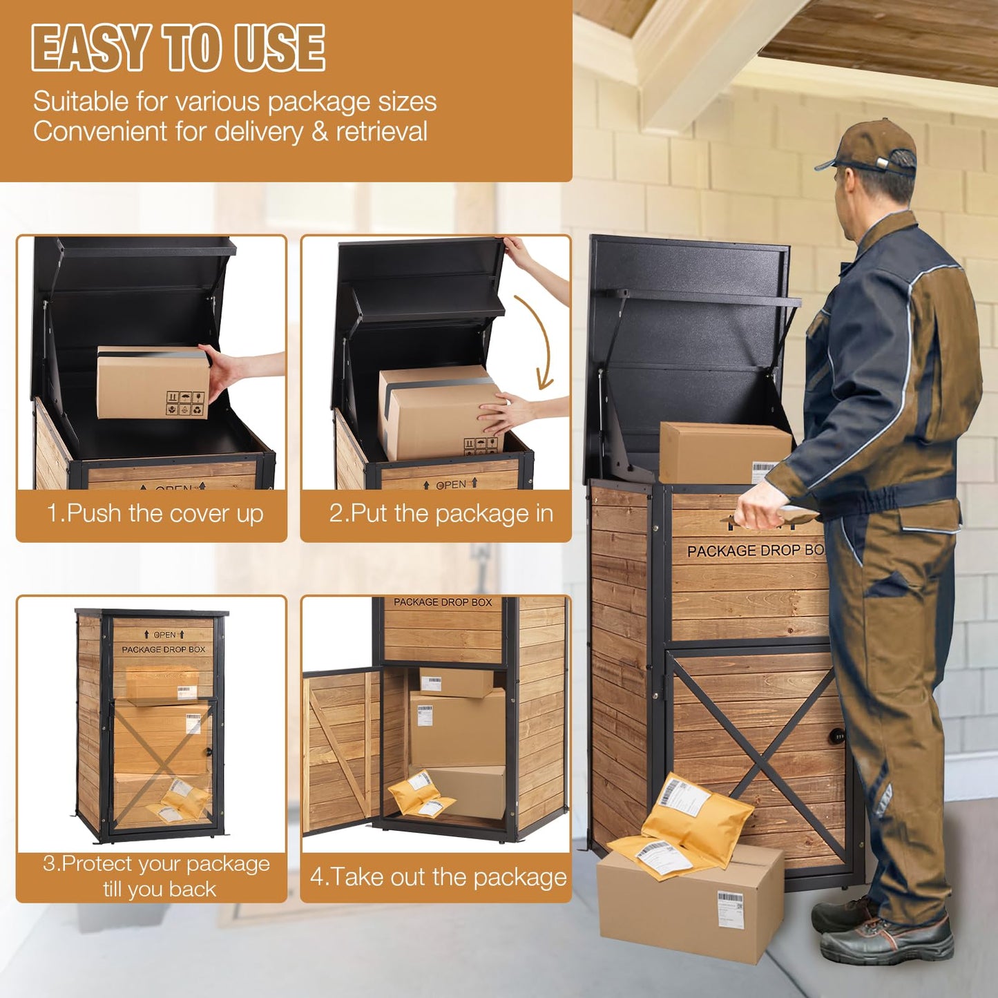 Package Delivery Box for Porch with Lockable Secure, Large Outdoor Parcel Storage Anti Theft -Waterproof Parcel Mailbox with Iron Frame & Natural Wood