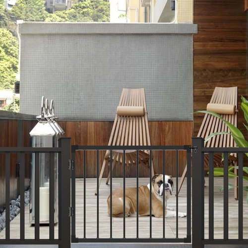Deck Fence Gate Outdoor, 32''H Gate for 36''H Deck, Black Heavy Duty Steel Anti-Rust Door with Adjustable Width (Up to 48"), Metal Gate for Residential, Yard, Patio(No Hinge)