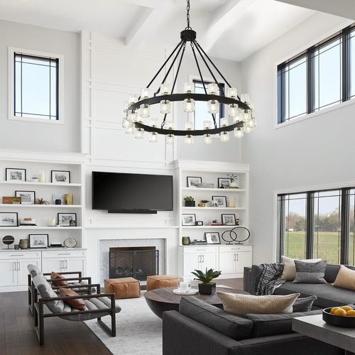 Kirahee Black Wagon Wheel Chandelier, 36" Crystal Chandelier for Dining Room Over Table, 36-Lights Hanging Pendant Light Fixtures for Living Room, Bedroom, Entryways, Includes Bulbs