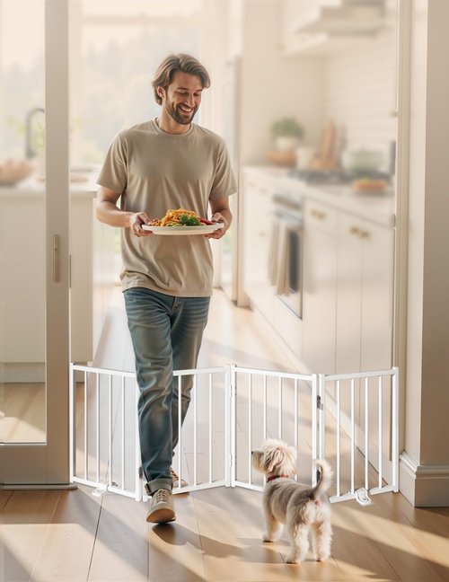 BFNN Free Standing Foldable Dog Gate, 16.5" High Step-Over Metal Short Pet Gate, Up to 48" Wide Puppy Fence for Stairs and Doorways, Indoor & Outdoor Use, No Drilling and No Assembly, White