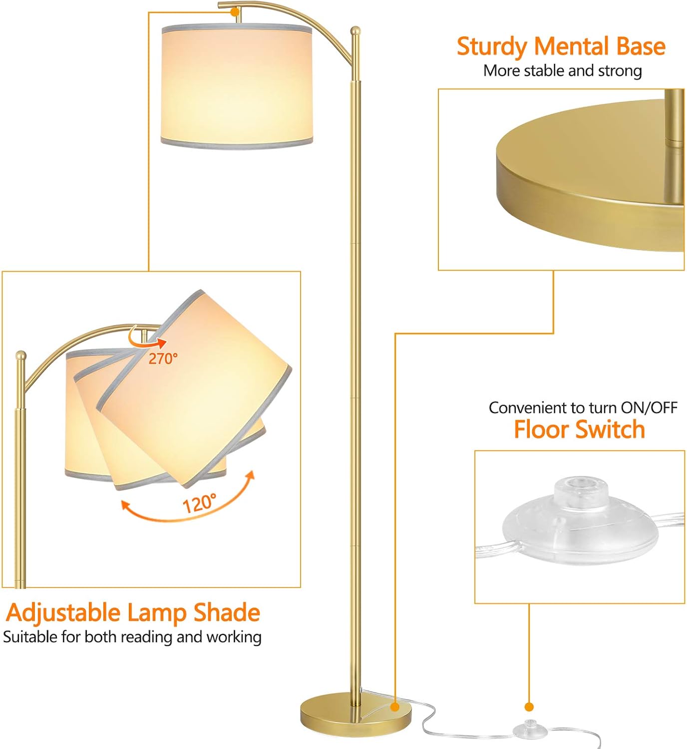 ROTTOGOON Floor Lamp for Living Room with 3 Color Temperatures LED Bulb, Standing Lamp Tall Industrial Floor Lamp Reading for Bedroom, Office (9W LED Bulb, Beige Lampshade Included) -Black