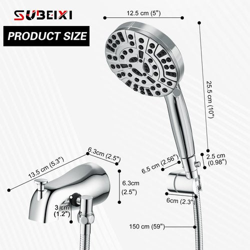 SUBEIXI Tub Spout with Diverter, Chrome High Pressure 10 Mode Handheld Shower Sprayer, Bathtub Faucet with Sprayer