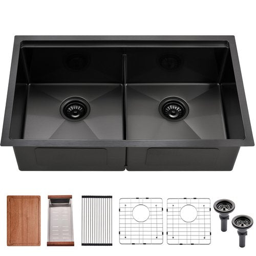 30 Inch Black Undermount Kitchen Sink Double Bowl Workstation -BWXIAOC 30x19 Under Mount Sink 16 Gauge Black Stainless Steel 10 Inch Deep with Accessories