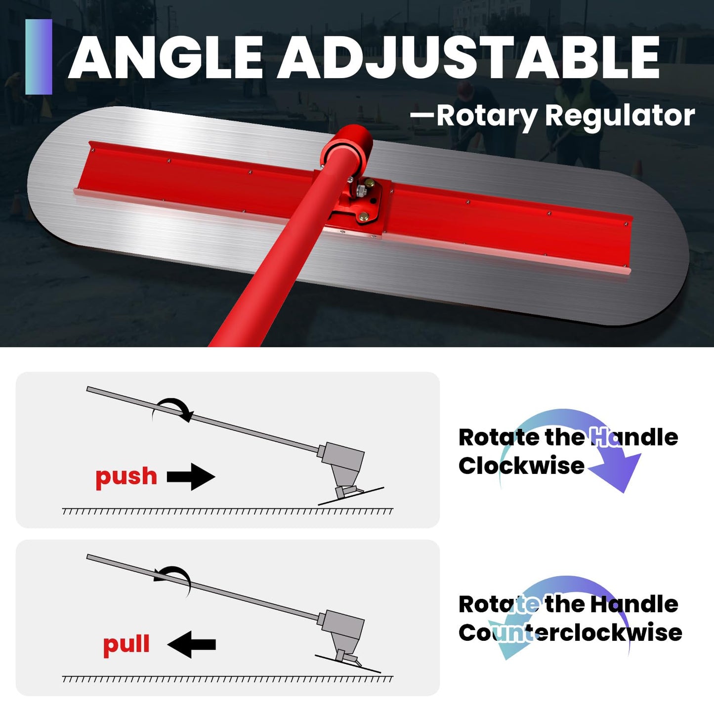 48"x 12"Fresno Concrete Trowel, Bull Float Concrete Tools Round End Stainless Steel Trowel Board with 4 Handles and All-Angle Bracket