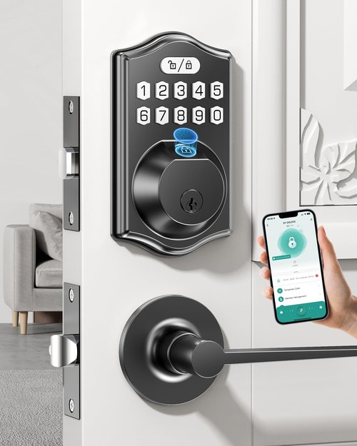 keyless Entry Door Lock deadbolt with Handle Set- Front Door Fingerprint Smart Locks with 2 Lever Handles-Electronic Keypad Code Deadbolt -App Control, Digital Password,Auto Lock,Easy to Install