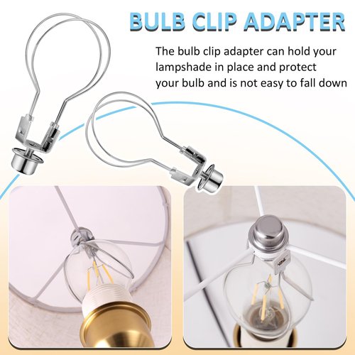 Lamp Shade Light Bulb Clip Adapter, 2 Pack Clip on Lampshade Adapter Includes Finial and Lampshade Levellers to Keep Lamp Shade in Place, Lamp Shade Holder for Clip On Light Bulbs (Nickel)
