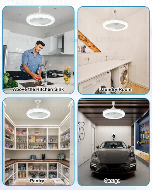 Socket Fan Light with Remote Control, 3 Colors 3000K-6500K Dimmable LED Light Bulb Fan Screw in Ceiling Fan for Bedroom, Kitchen, Storage Room, Closet, Wireless Small Ceiling Fans with Lights - White