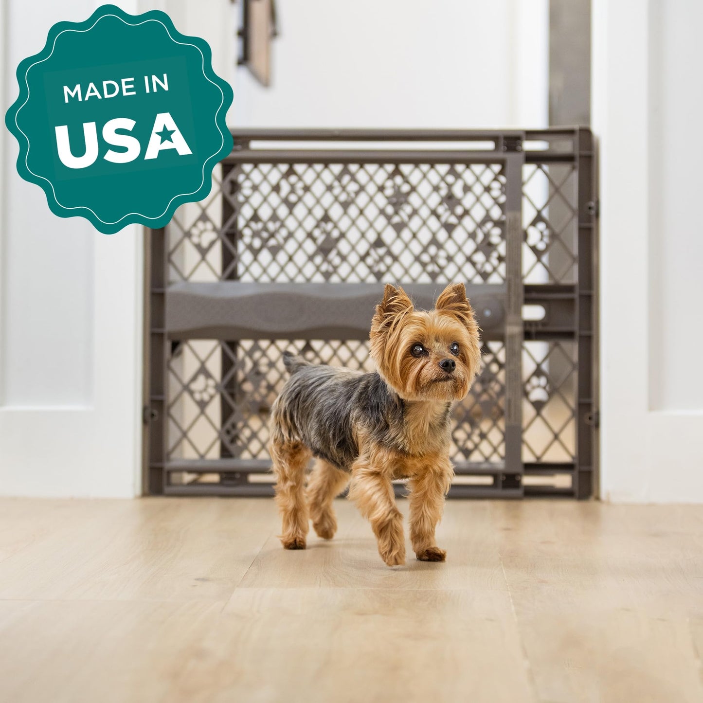 MYPET Paws Portable Pet Gate: 26-40" Wide Expandable, Pressure Mounted No Tools Needed, Durable Dog Gate for Doorways, Made in USA, 23" Tall, Fieldstone Gray