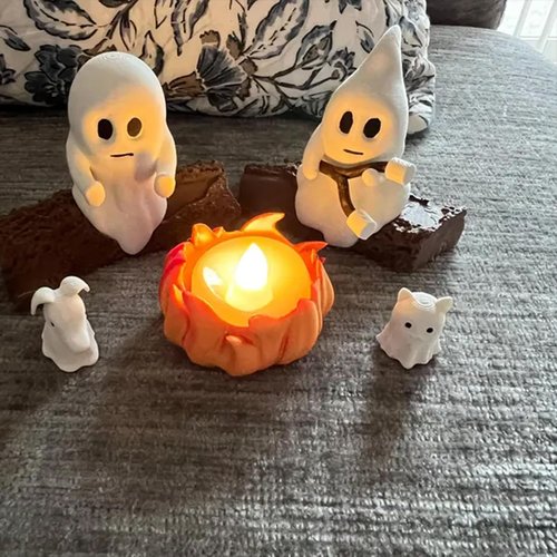 Ghost Campfire Gathering, Ghost Campfire Nightlight, Halloween Nightlight, Cute Cozy Spooky Statue Halloween Decorations for Home Mantel or Desk (with Dog)