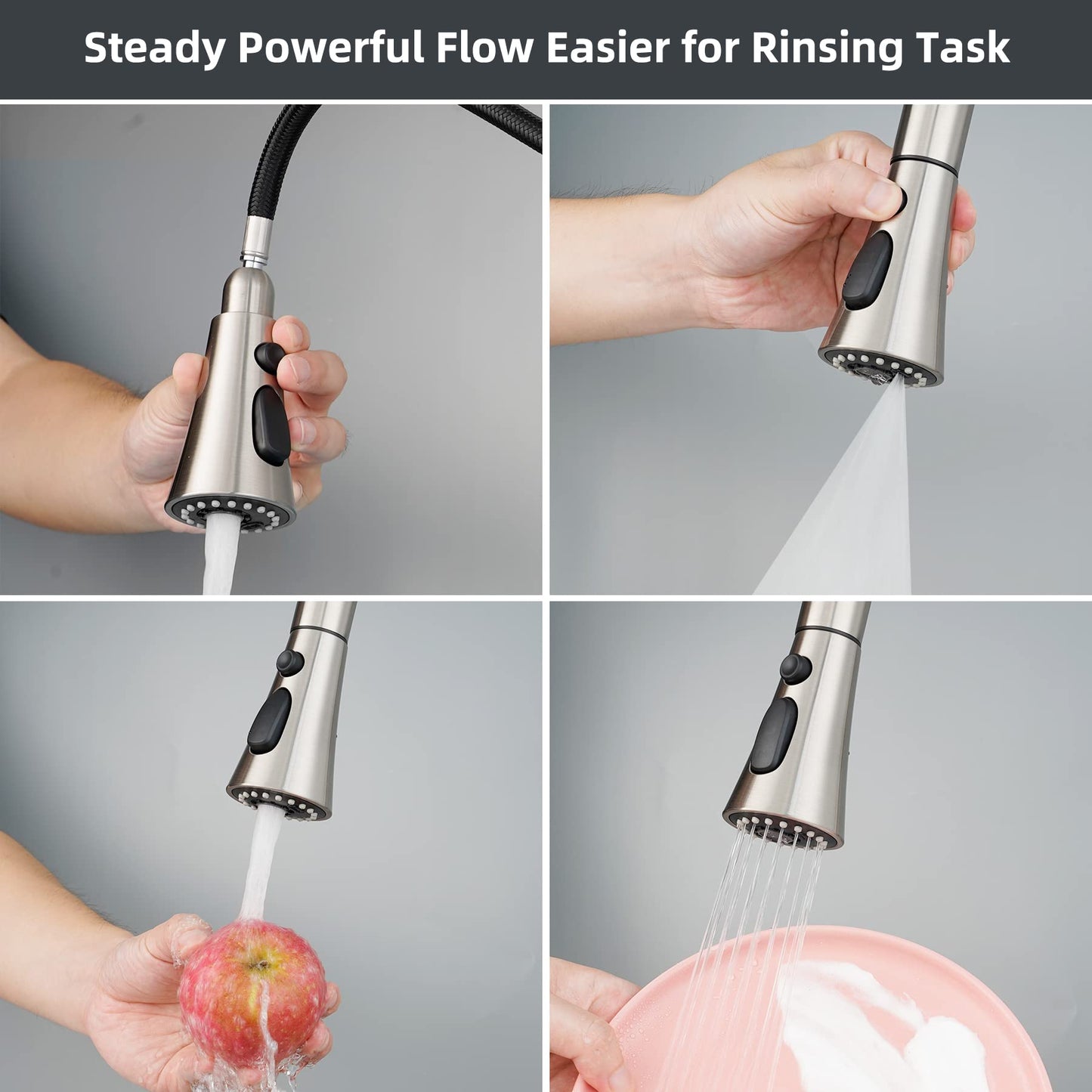 Hibbent Pull Down Kitchen Faucet Head Replacement, 3-Function Kitchen Faucet Head Sink Spray Nozzle with 12 Adapters Compatible with Moen, American Standard, Delta, Kohler Faucets, Brushed Nickel