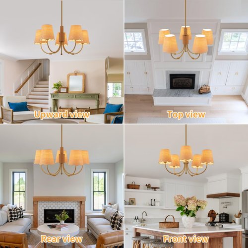 SUETONG Boho Rattan Chandelier, Antique Brass Farmhouse Chandeliers, 5-Lights Coastal Pendant Light Fixtures for Dining Room Kitchen Island Living Room