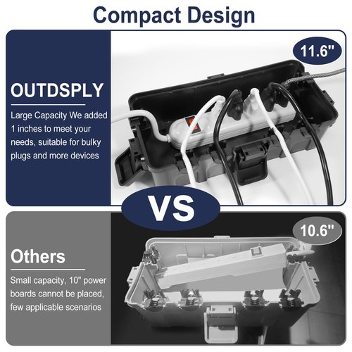 OUTDSPLY Medium Outdoor Electrical Box (11.6x5.7x4.1 inch), IP54 Waterproof Extension Cord Cover w/ 6 Cable Entry, Weatherproof Connection Box for Power Strip, Plug, Timer, Holiday Lights, Black