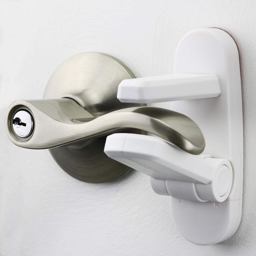Door Lever Lock (1 Pack) Prevents Toddlers from Opening Doors. 3.25" L * 1.5" W * 4.5" H Easy One Hand Operation for Adults. Durable ABS with 3M Adhesive Backing. Simple Install, No Tools Needed.