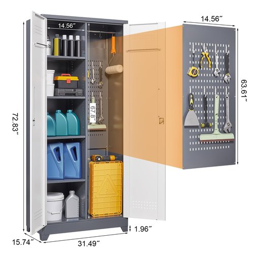 GREATMEET 72.8" H Utility Closet, Broom Closet Storage Cabinet with Adjustable Shelves and Pegboard, Utility Cabinet for Brooms and Mops, Grey-White