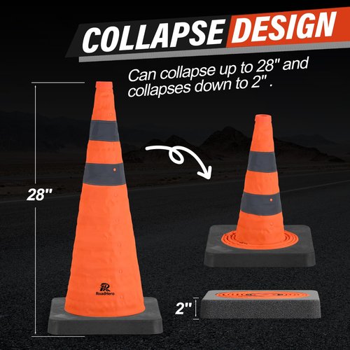 RoadHero 28 Inch Collapsible Traffic Safety Cones with Black Weighted Base, Construction Orange Cones with Reflective Collars for Road Safety, Driving Training, Parking Lots, 2 Pack