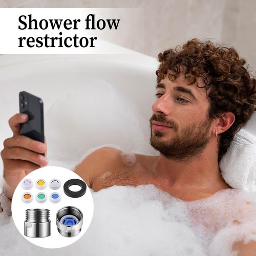 7 PCS Shower Head Flow Restrictor, Gpm 1.1/1.5/1.8/2.0/2.1/2.6 Shower Flow Reducer Limiter Set Showers Pressure Reducer with 2 PCS Washers and 1/2 Inch Restrictor Valves for Hotel Bathroom Toilet