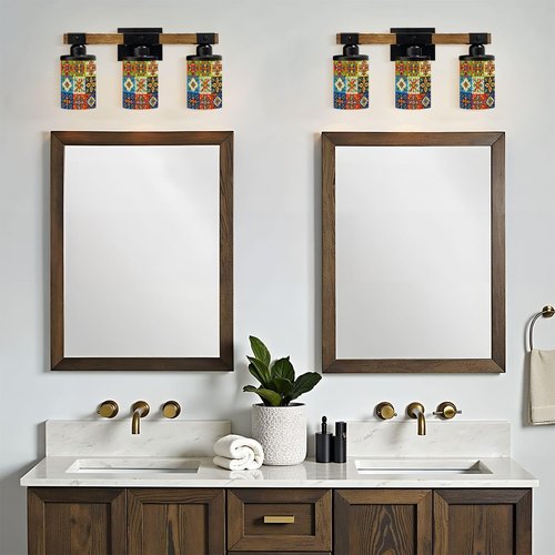 3-Light Bathroom Light Fixtures Mexican Talavera Ceramic Tile Seamless Ethnic Folk Ornament Italian Bathroom Vanity Light with Glass Shade Wood Wall Sconces Wall Lamp for Mirror Bedroom Living Room