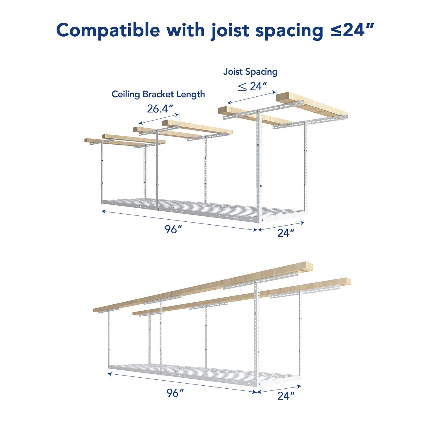 FLEXIMOUNTS 2x8 Overhead Garage Storage Rack,Adjustable Storage Organization System,Heavy Duty Metal Garage Ceiling Storage Racks,400lbs Weight Capacity,White, Classic Series