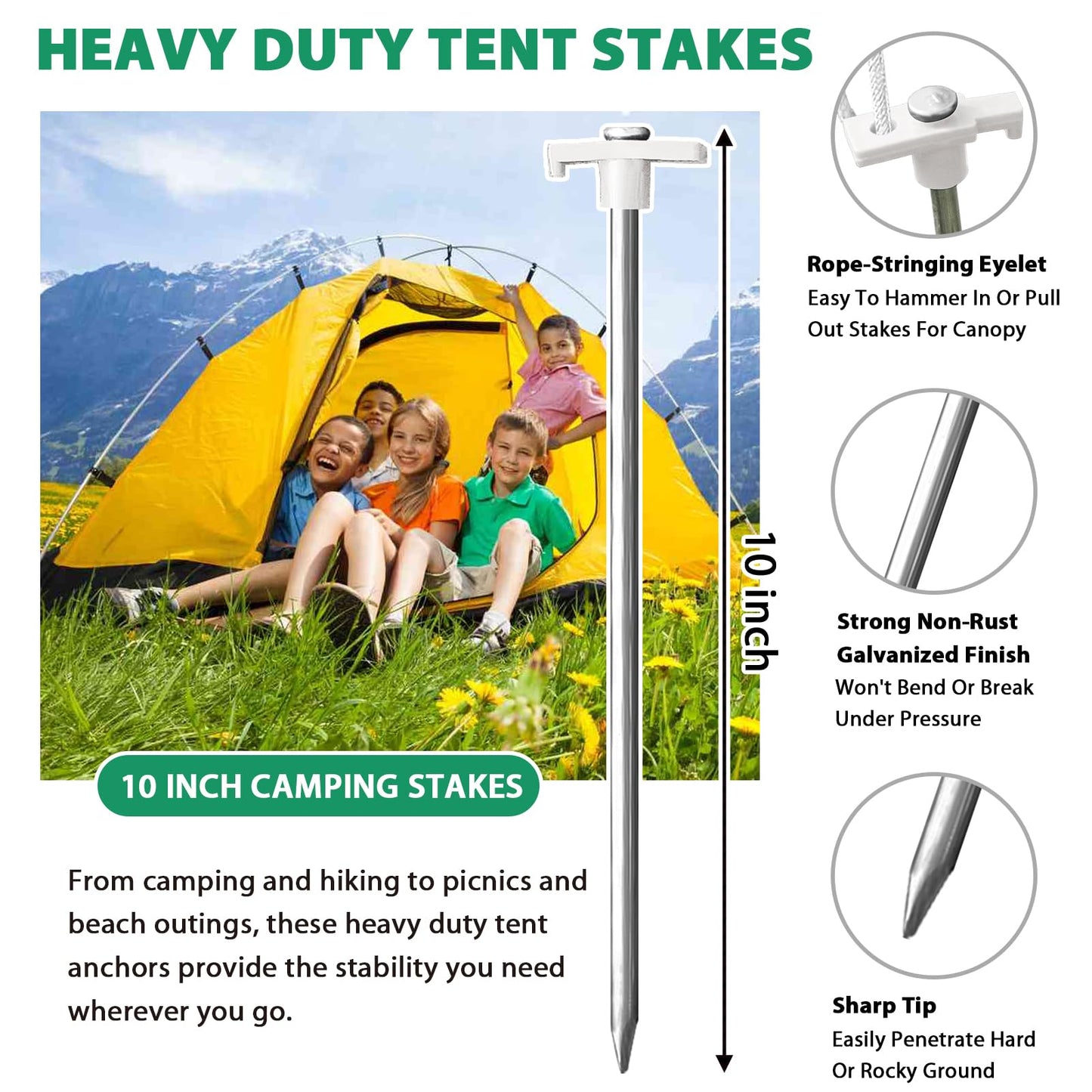 Eurmax USA 10-Pack Secure Protection Galvanized Tent Stakes,Rust-Proof Steel Canopy Anchors for High Winds,Heavy Duty Commercial Ground Pegs for Camping,Pop Up Tents&Gazebos - Includes 4x10ft Ropes