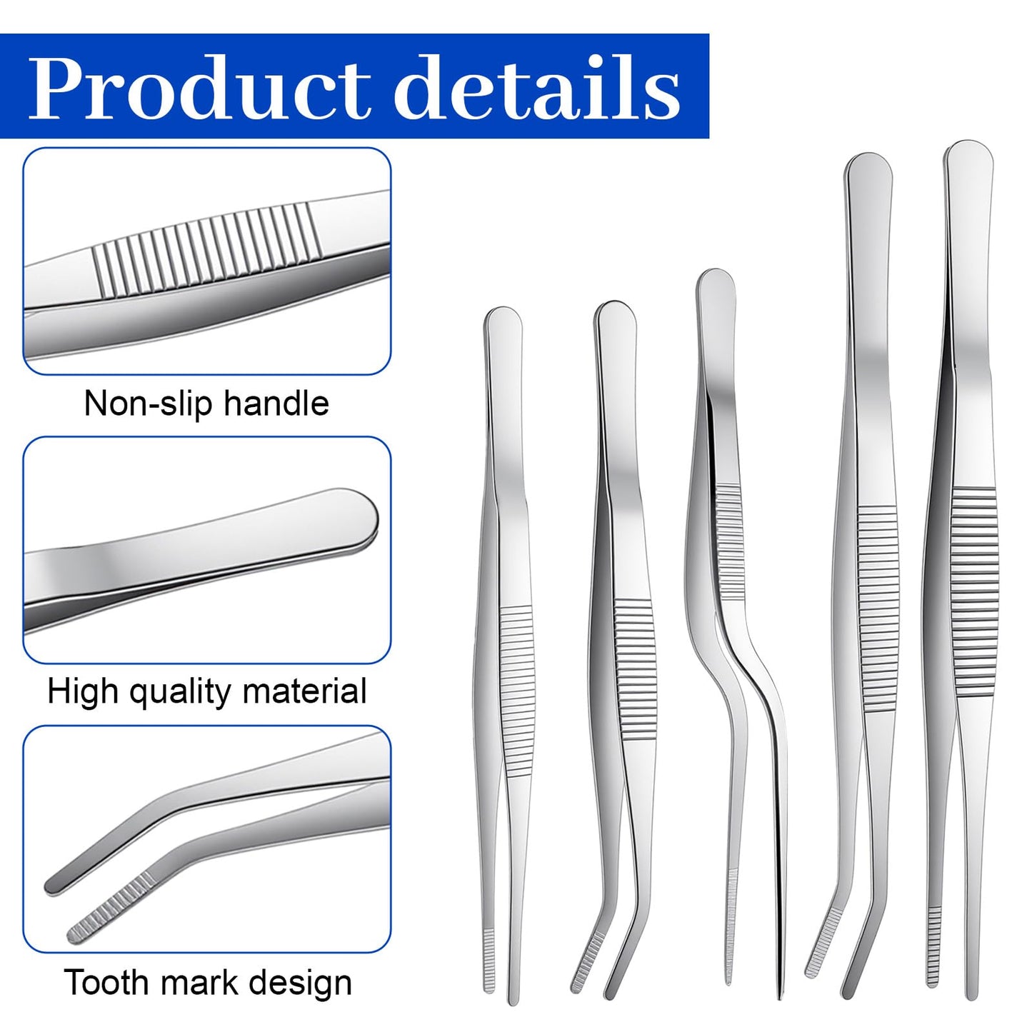 Stainless Steel Tweezers Set, 5Pcs Food Tweezers Precision Tweezer for Cooking Repairing Jewelry-Making DIY Craft Baking Cake Decoration Small Gardening (Silver)