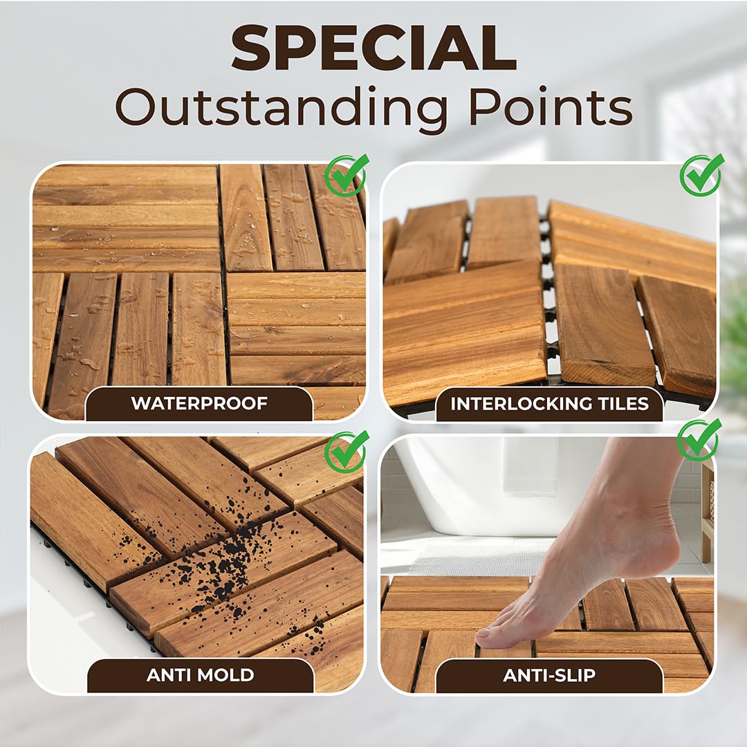 AN68 Premium Acacia Wood Interlocking Deck Tiles – Set of 9 pcs, 12"x12", Waterproof Outdoor Patio Flooring, Weather-Resistant Wooden Tiles for Balcony, Backyard, Indoor & Outdoor Use (Natural)