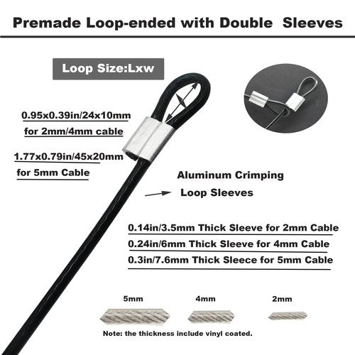 Floyutin 10 Pcs 5mm Wire 12 inch Vinyl Coated Stainless Steel Cable with Loops Short Wire Rope Lanyard Lock Security Chain Link for Outdoor Gates, Black(5mm x 12 inch)