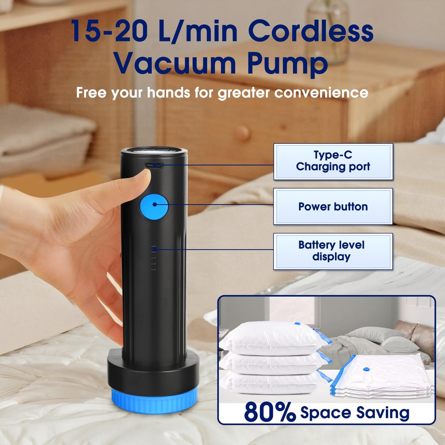 Eunhdet 6.0Kpa Cordless Electric Vacuum Pump for Storage Bags, USB Rechargeable Portable Vacuum Sealer for Travel Air Pump Compression Bag Pumps for Clothes Blankets Bedding, Blue Black (No bags)