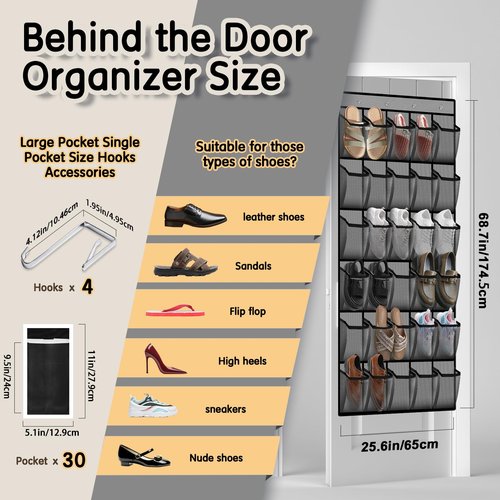 Kotkn Over the Door Shoe Organizer with 30 Breathable Mesh Pockets - Large Capacity Closet Storage for Men & Women, Hanging Shoe Rack Organizer -Gray
