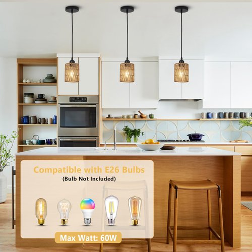 LAMSU 3 Pack Rattan Pendant Lights Kitchen Island, Farmhouse Pendant Lighting with Hand Woven Wicker Shade, Boho Chandelier Light Fixtures Ceiling Hanging for Dining Room Bedroom Foyer Hallway