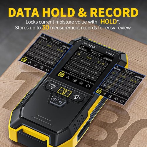 FNIRSI WMT-10 Rechargable Wood Moisture Meter, Pinless Moisture Meter for Wood, Wall, Firewood, Support Data Hold and Record, Flashlight, Humidity Detector for Lumber Concrete Building