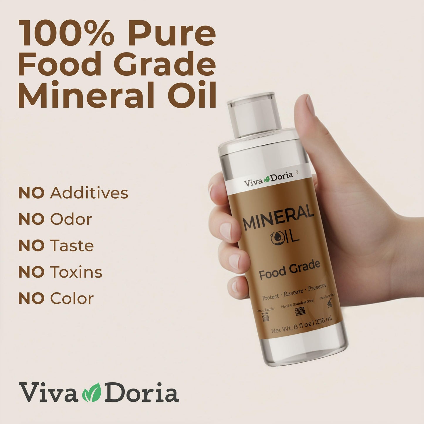 Viva Doria Food Grade Mineral Oil, Conditioner for Wood Cutting Board, Countertop, Butcher Block, Lubricant for Knife and Stainless Steel (8 fl oz)