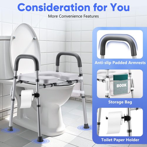 Raised Toilet Seat with Handles, Toilet Seat Riser for Seniors with Adjustable Height & Width. Cozy Padded 500lb Handicap Elevated Toilet Seat for Elderly, Surgery, Pregnant. Fit Any Toilet