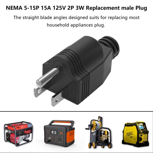Replacement Plug 3 Prong NEMA 5-15P Power Adapter Replacement Plug, Straight Blade Connector for Extension Cord, Neutral Ground Bonding, 3-Pin 15A 125V (Male 2Pcs, Black)