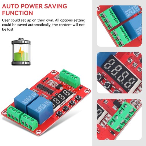 Agatige Time Delay Relay Module, DC 12V Timer Relay Programmable Delay Relay Module with LED Display, 2-Channel Timer Switch Self Lock Cycle Delay Controller Board for Smart Home, Automatic Control