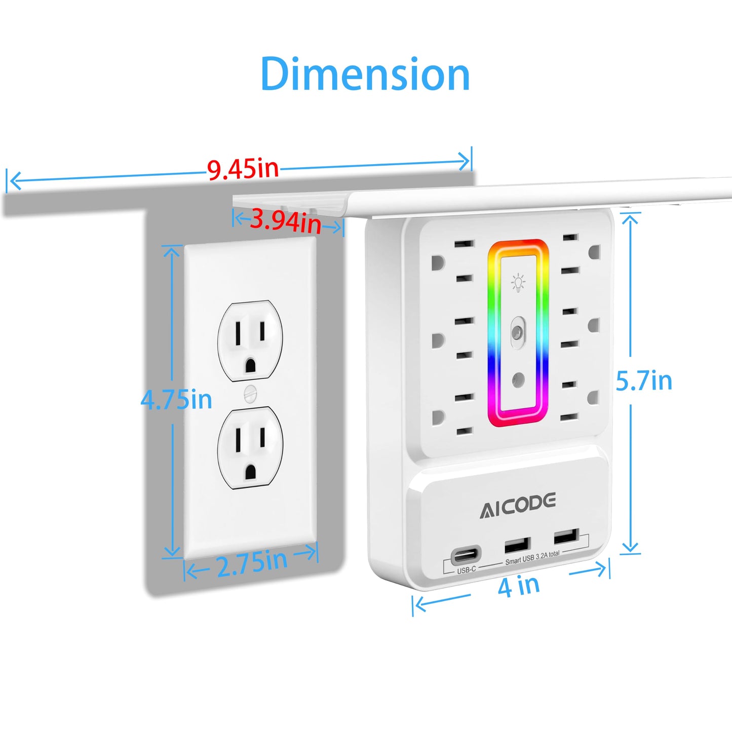 Wall Outlet Extender with Shelf, USB C Outlet with Surge Protector with Nightlight,6 Outlets with 3 USB Ports(2 USB A*1 USB C) Plug Expander Charger Large Shelf with Storage for Bathroom,Kitchen,Dorm