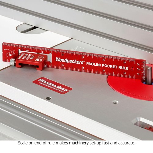 Woodpeckers Paolini Pocket Rule, Aluminum, 6 Inch, Woodworking Ruler with Sliding Stop, Vertical End Scale, Scribing Notch, Engraved Scales