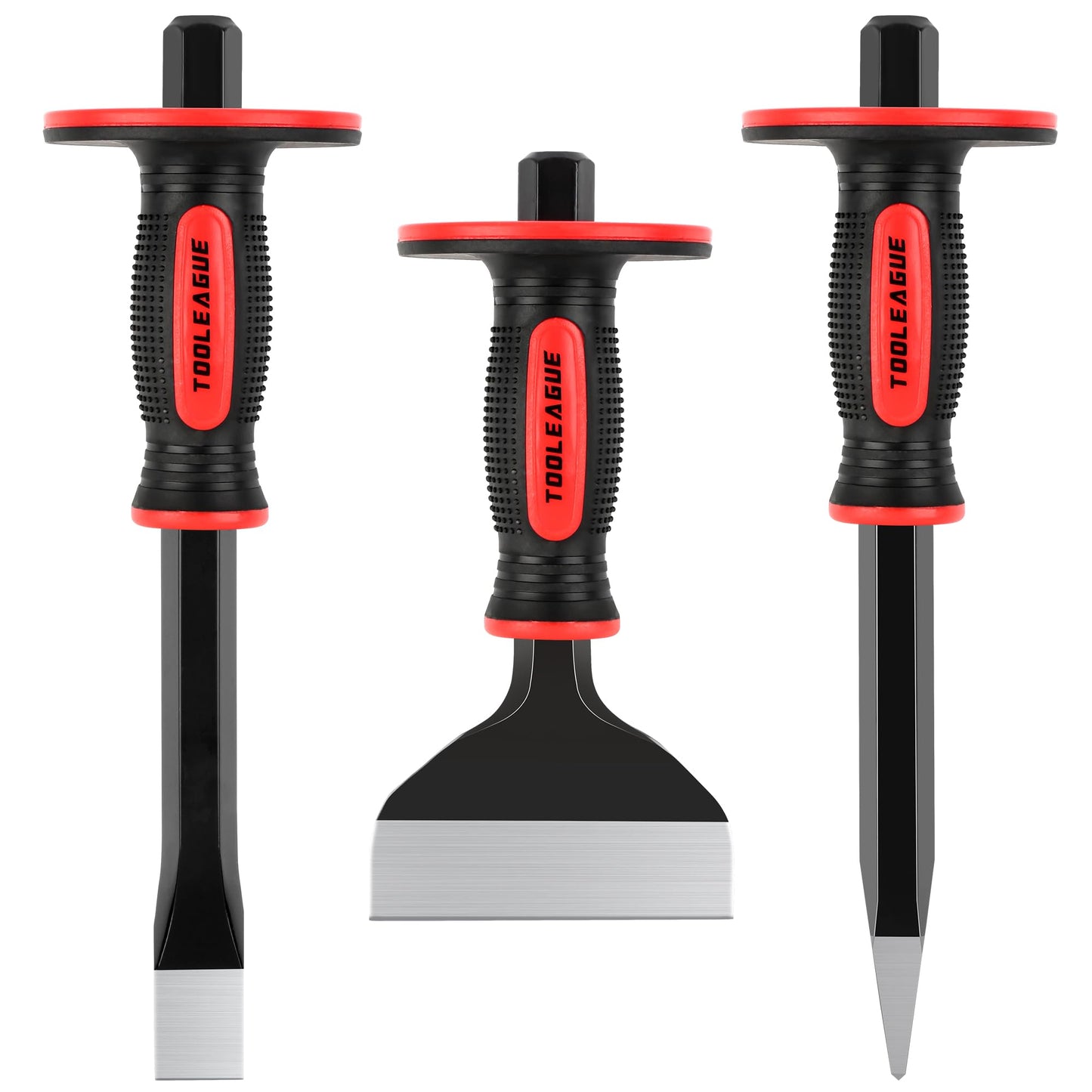 TOOLEAGUE 3Pcs Heavy Duty Masonry Chisel Set, Stone and Rock Tool,11-Inch Point & Flat Chisel, 8-Inch Brick Chisel with Hand Protection