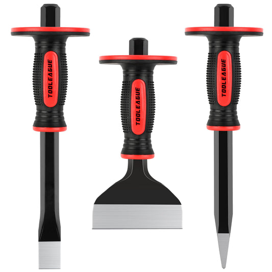 TOOLEAGUE 3Pcs Heavy Duty Masonry Chisel Set, Stone and Rock Tool,11-Inch Point & Flat Chisel, 8-Inch Brick Chisel with Hand Protection