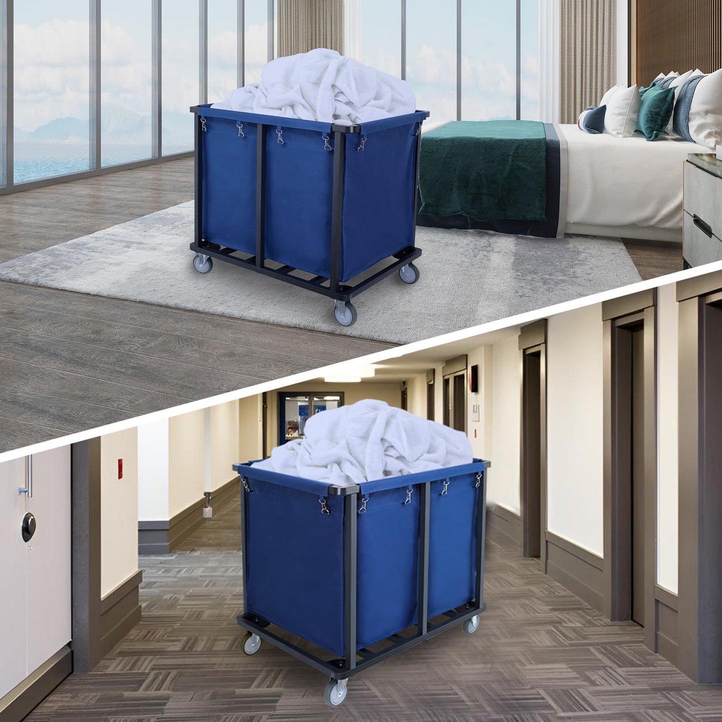Supiezent Commercial Laundry Cart with Wheels,600 lbs Industrial Laundry Cart with Steel Frame and Oxford Cloth Bag,Rolling Heavy Duty Laundry Cart with Wheels for Hotel,Housekeeping,400L(Blue)