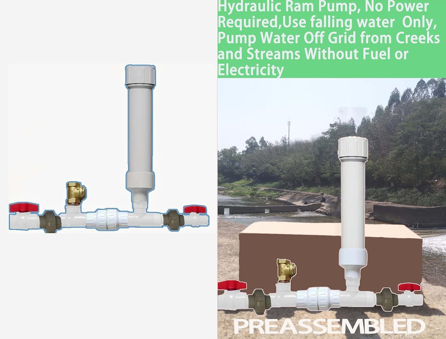Hydraulic Ram Water Pump, Off-Grid Stream Pump System, No Electricity Required (T 3/4(0.75)")