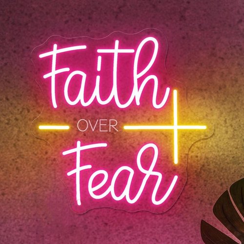 Faith Over Fear Neon Sign for Wall Decor Jesus Neon Light Christian LED Signs Dimmable Letters Neon Lights Signs for Bedroom Living Room Wedding Church Decor Neon Light for Christian Religious.