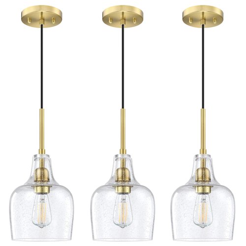 3 Pack 1 Light Indoor Hanging Kitchen Island Pendant Ceiling Light 6.1" Clear Seeded Glass Fixture,Brushed Bronze Finish for Farmhouse Over Sink Bedroom Hallway