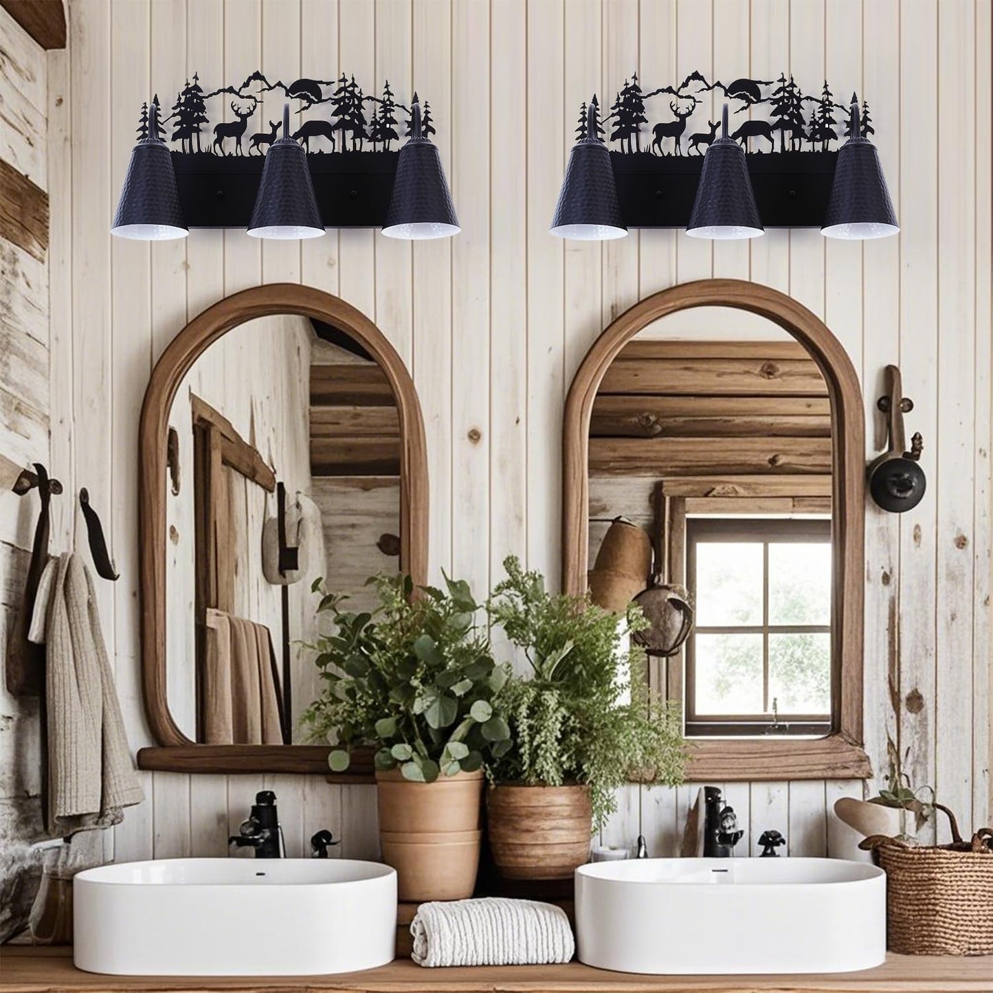 Monaxon Farmhouse Bathroom Vanity Light with Deer Design - E26 Base 3-Light Black Metal Rustic Wall Fixture for Mirror Lighting, and Dressing Table (Large, Bulb Not Included)