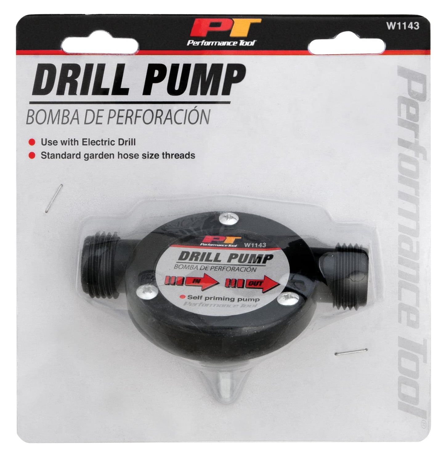 Performance Tool W1143 Liquid Transfer Pump for Corded/Cordless Drills - 225 GPH, 3/4-Inch Max Hose Diameter, Self-Priming, Corrosion-Resistant Shaft