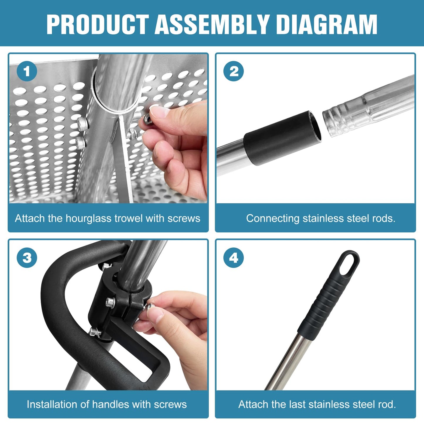 Sand Flea Rake for Beach - Detachable 47" Long Handle Sand Sifter Heavy Duty Stainless Steel Sand Scoop with 16" Width Basket Metal Detecting Tool with Anti Slip Handle for Collecting Shark Teeth