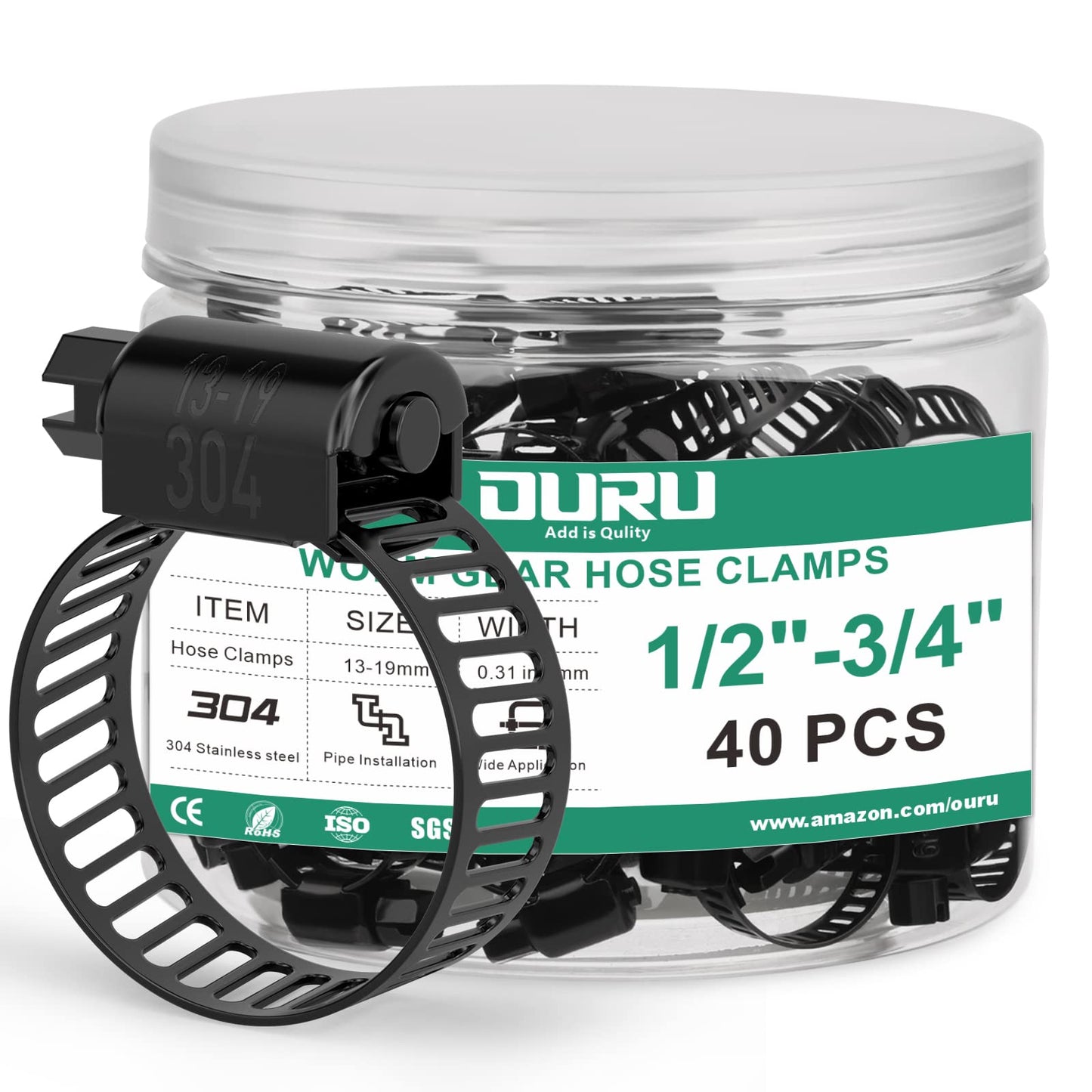 OURU 40PCS 1/2"-3/4" Black Hose Clamp,Adjustable 13-19mm Small Hose Clamps Stainless Steel,Metal Worm Gear Drive Hose Clamps for Automotive,Plumbing,Intercooler,Pipe,Fuel Line Radiator Clamps