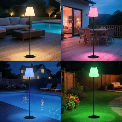 GGII Solar Outdoor Floor Lamp USB Rechargeable Cordless Dimmable RGB Warm White LED Lights for Yard Garden Patio Round Base 59 inch Black