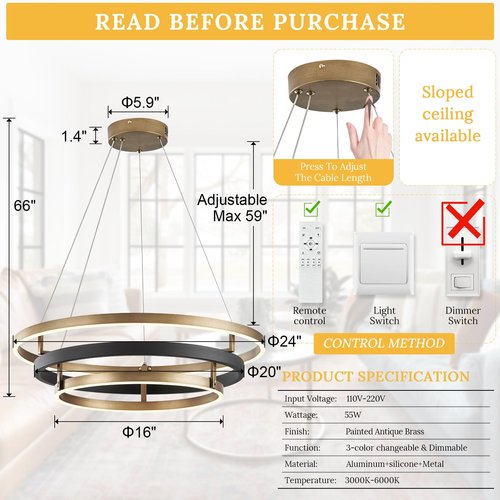 LED 3-Ring Chandelier Black Gold Chandelier Light Fixture Dimmable Round Foyer Chandeliers Modern Circular Chandeliers Light for Dining Room Entry Bedroom Office Living Room 24in